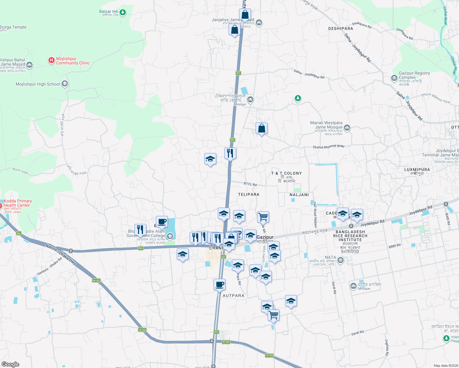 map of restaurants, bars, coffee shops, grocery stores, and more near Dhaka - Mymensingh Road in Gazipur