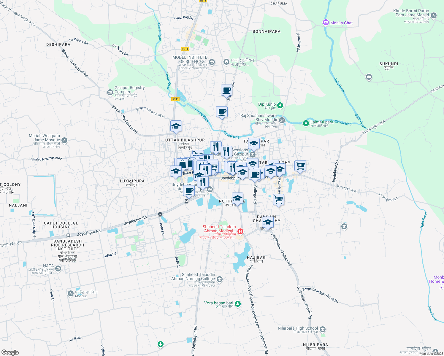 map of restaurants, bars, coffee shops, grocery stores, and more near 1703 Bazar Road in Gazipur