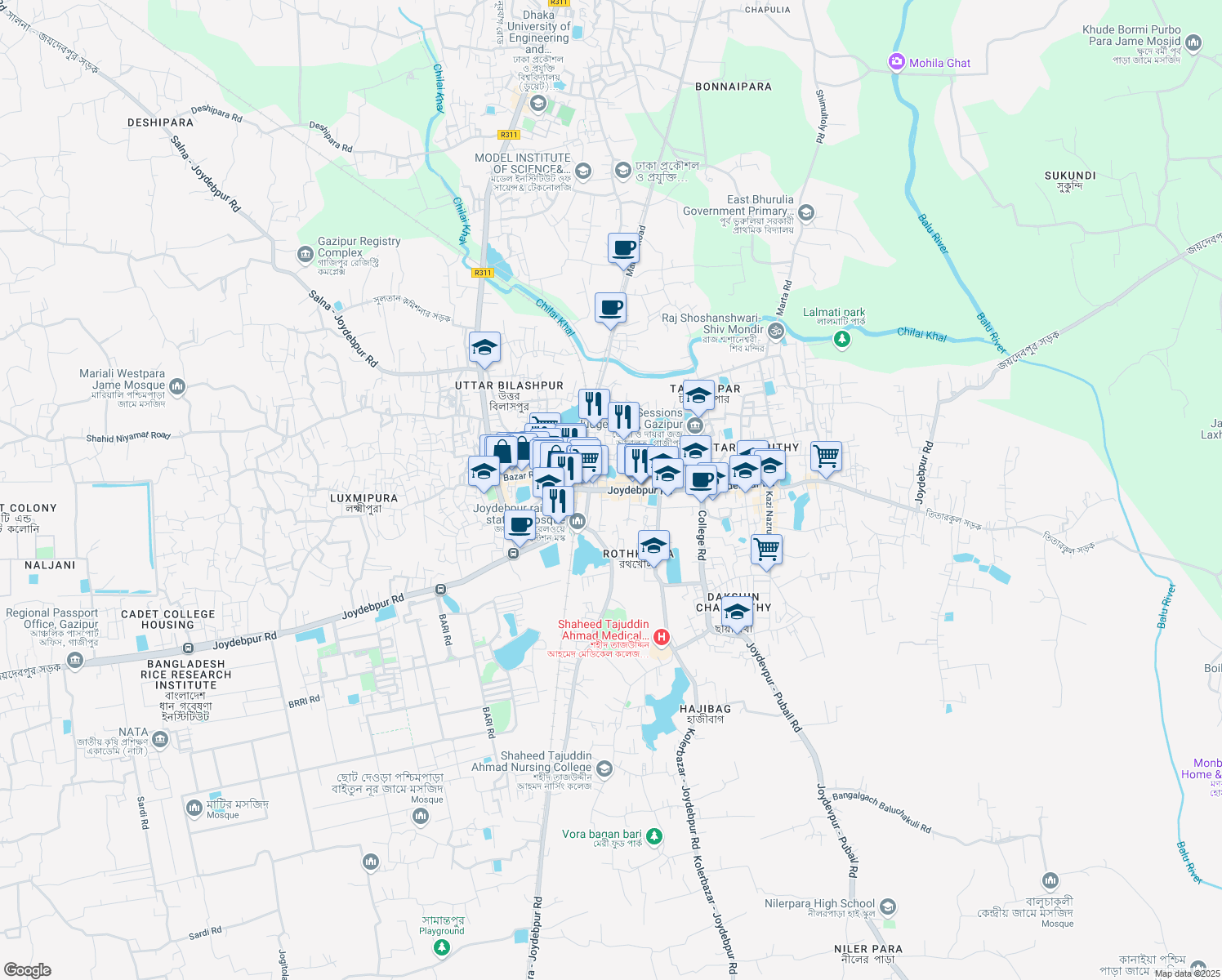 map of restaurants, bars, coffee shops, grocery stores, and more near 1703 Bazar Road in Gazipur