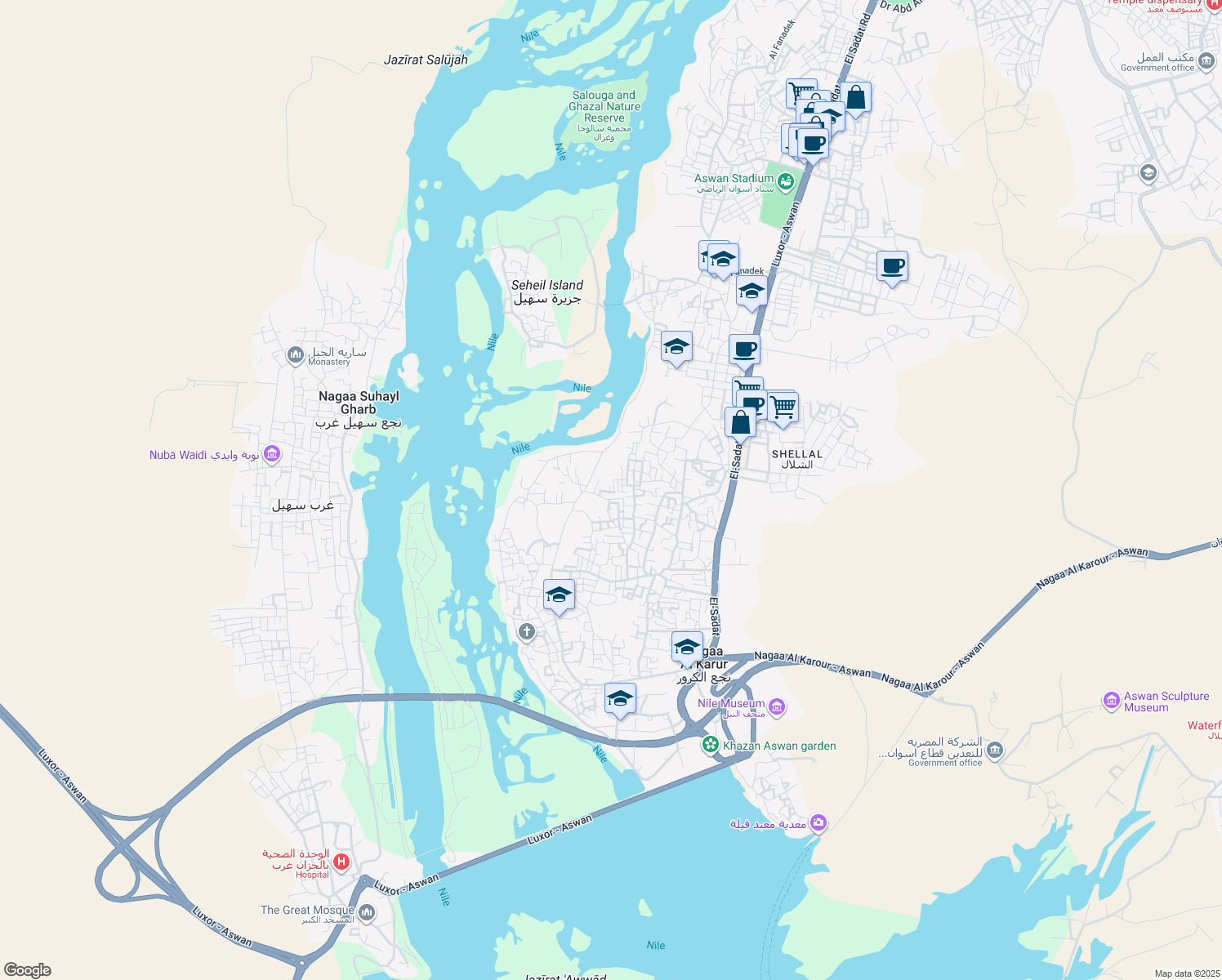 map of restaurants, bars, coffee shops, grocery stores, and more near in Aswan 1