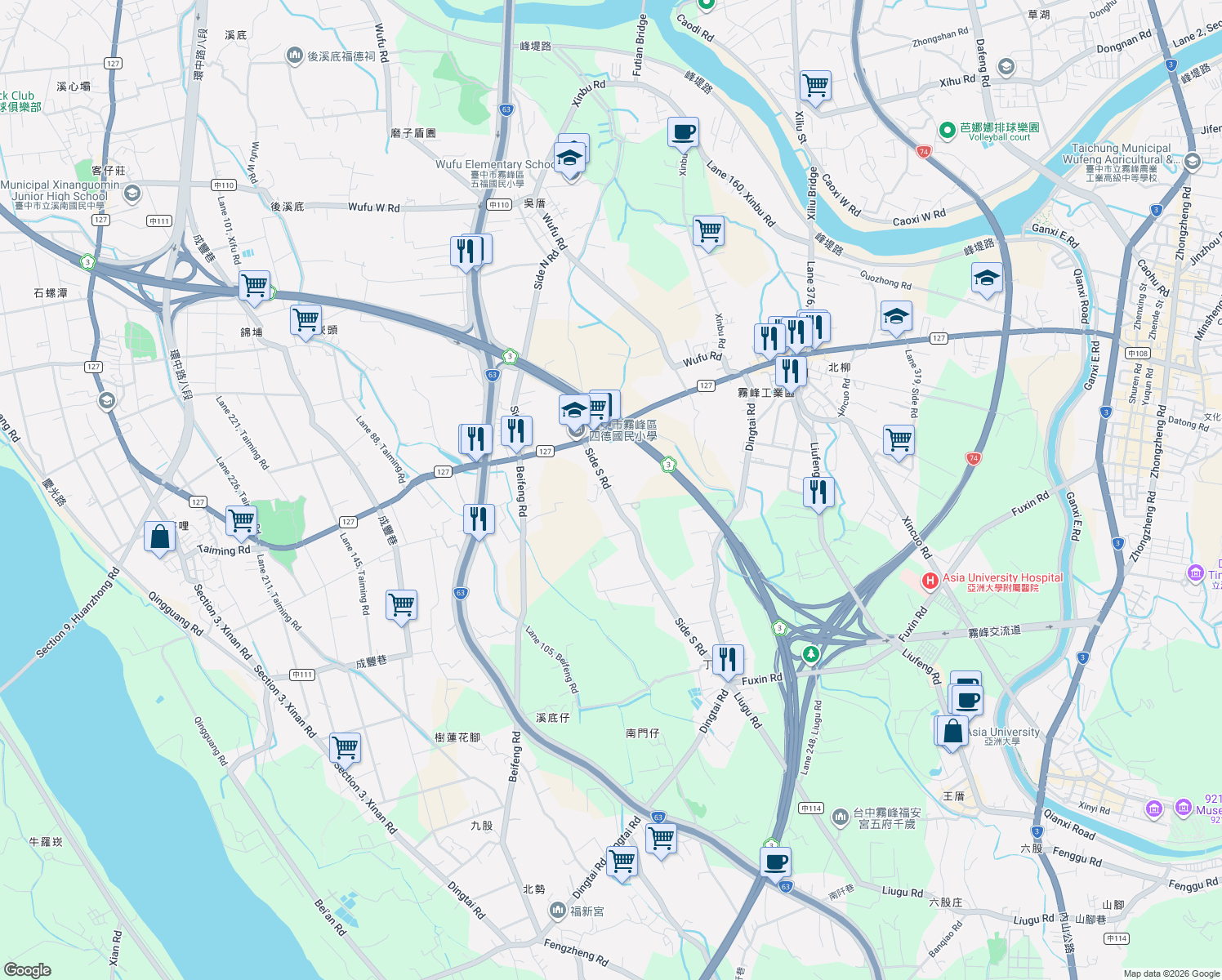 map of restaurants, bars, coffee shops, grocery stores, and more near 25 Side South Road in Wufeng District
