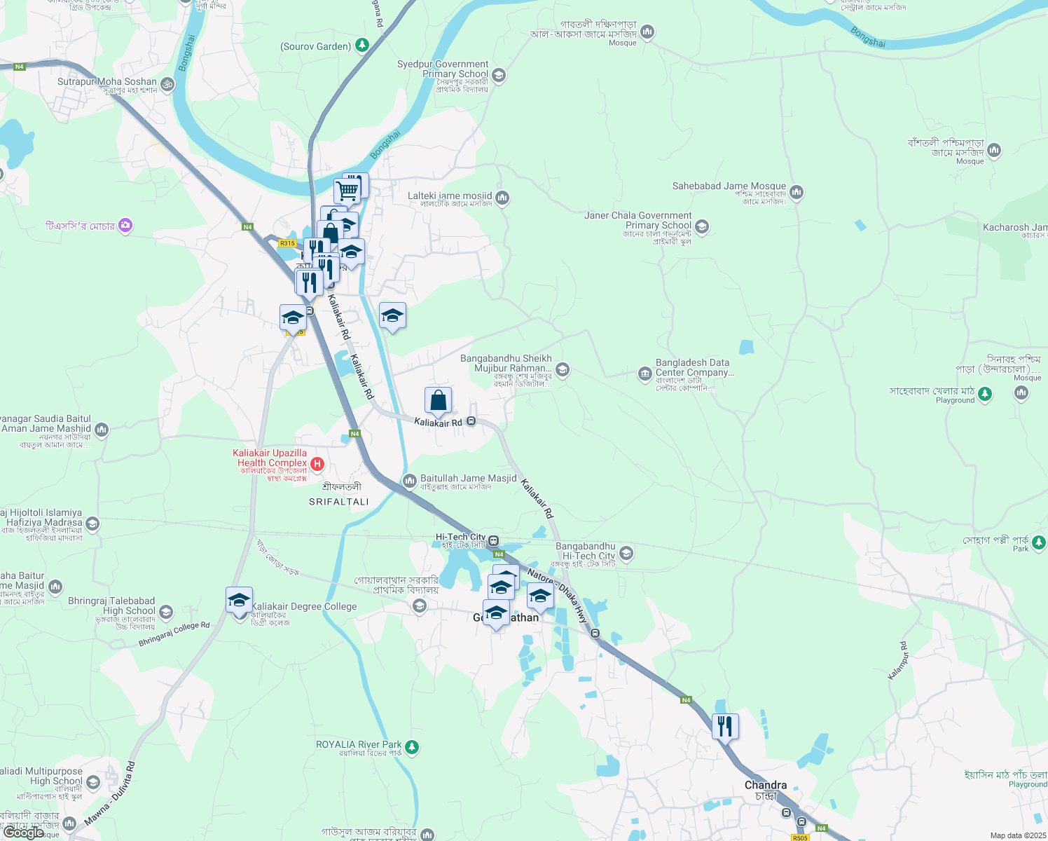 map of restaurants, bars, coffee shops, grocery stores, and more near in Kaliakair