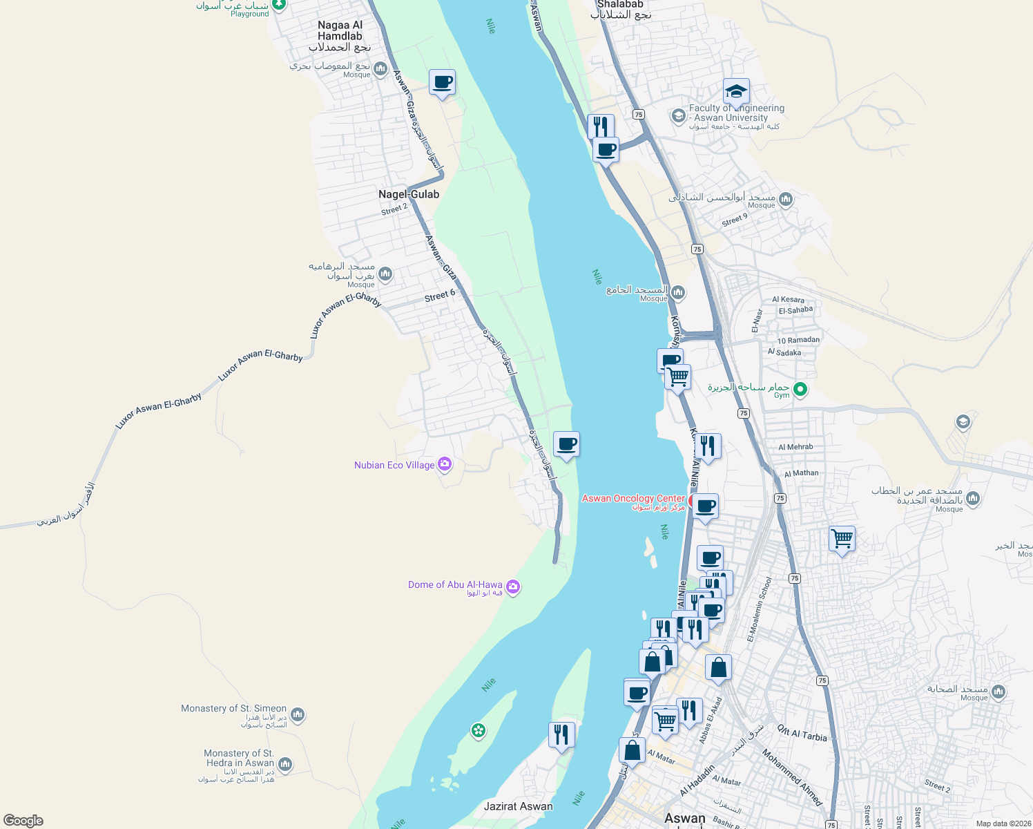 map of restaurants, bars, coffee shops, grocery stores, and more near in Aswan