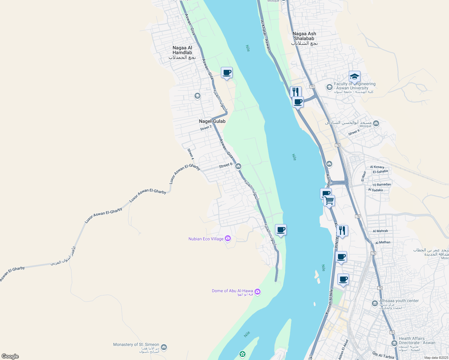 map of restaurants, bars, coffee shops, grocery stores, and more near in Aswan