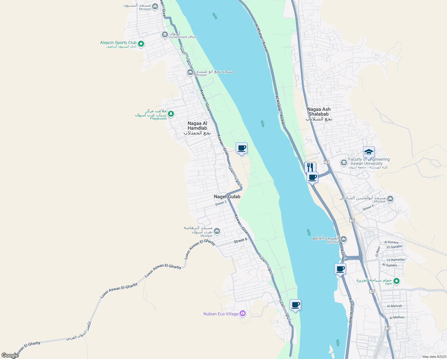 map of restaurants, bars, coffee shops, grocery stores, and more near in Qism Aswan