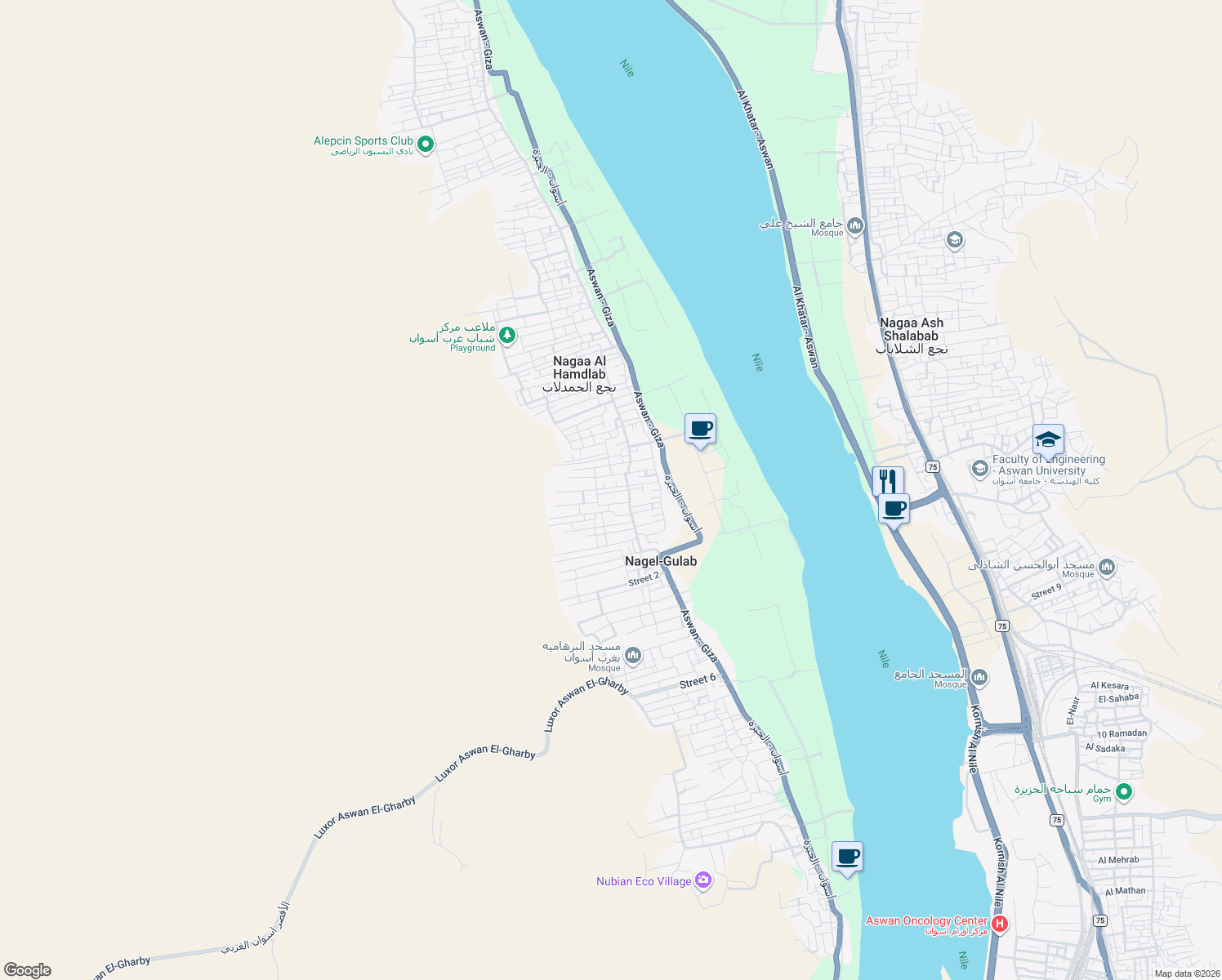 map of restaurants, bars, coffee shops, grocery stores, and more near in Aswan