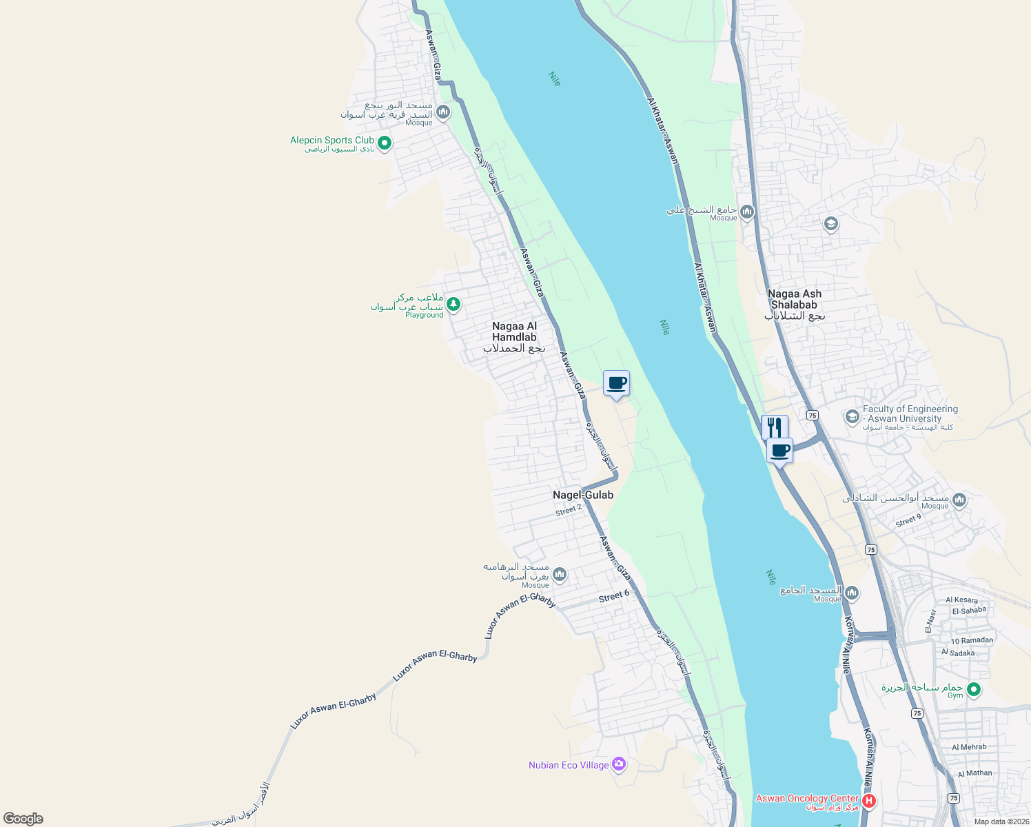 map of restaurants, bars, coffee shops, grocery stores, and more near in Qism Aswan
