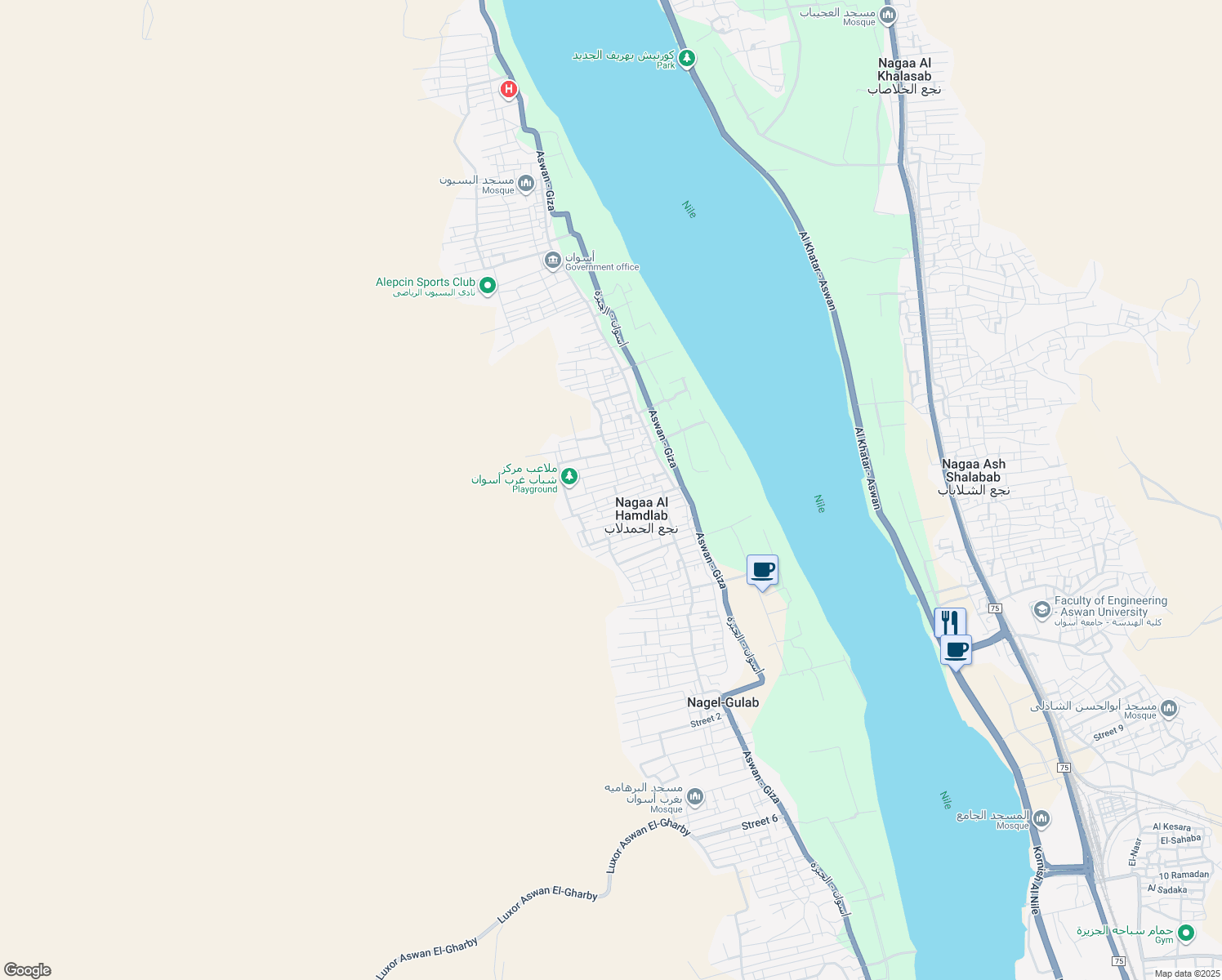 map of restaurants, bars, coffee shops, grocery stores, and more near in Qism Aswan