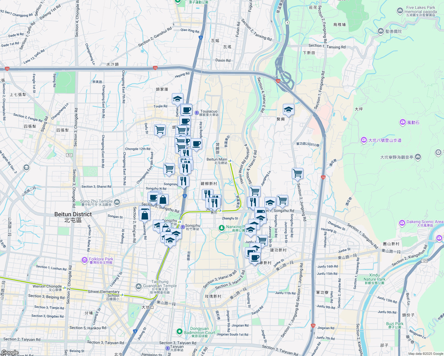 map of restaurants, bars, coffee shops, grocery stores, and more near 379號 Dunfu Road in Beitun District