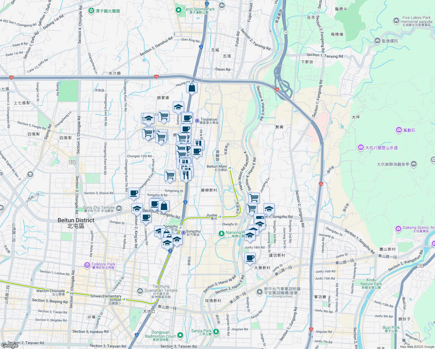 map of restaurants, bars, coffee shops, grocery stores, and more near 379號 Dunfu Road in Beitun District