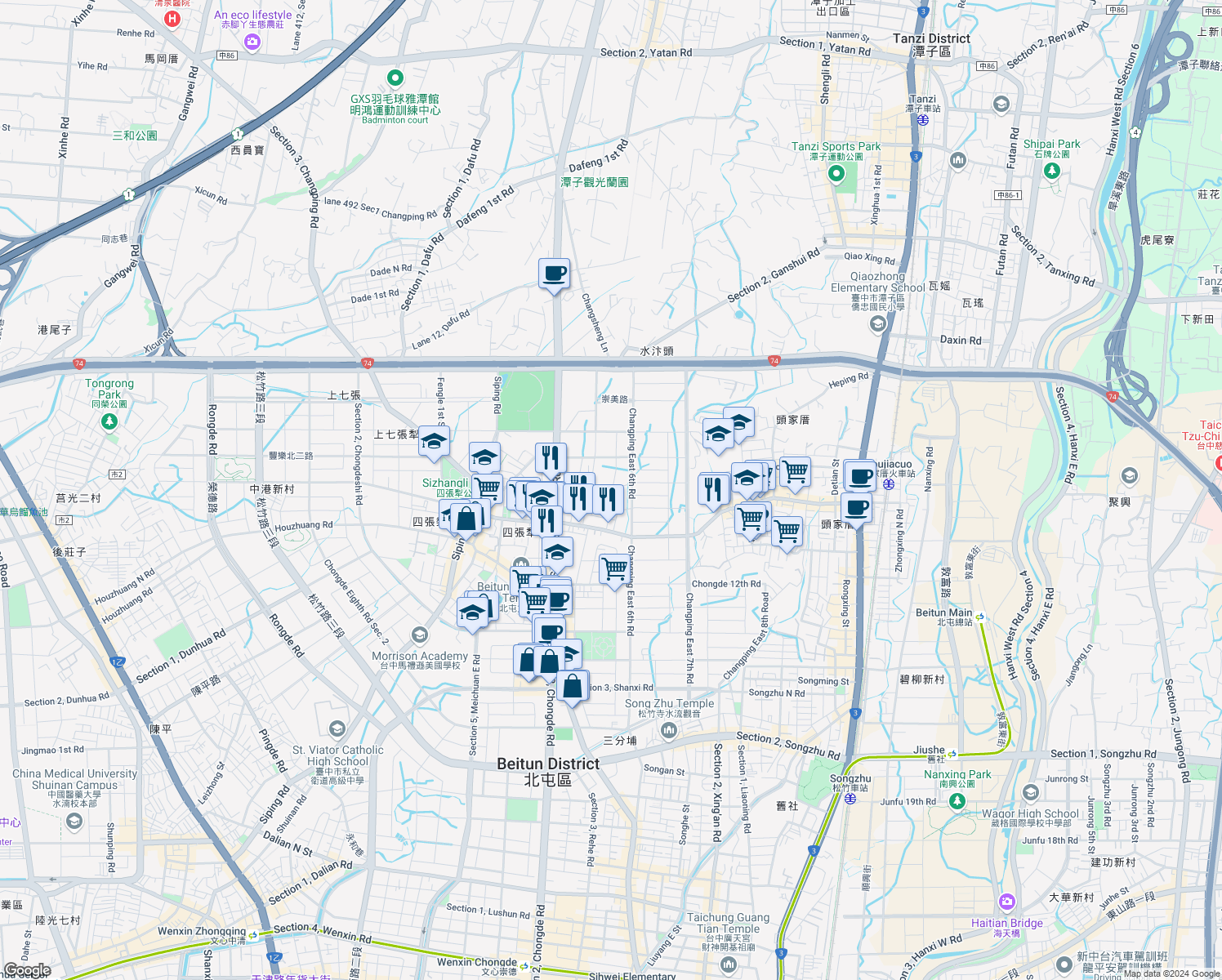 map of restaurants, bars, coffee shops, grocery stores, and more near Chongde 16th Road in Beitun District