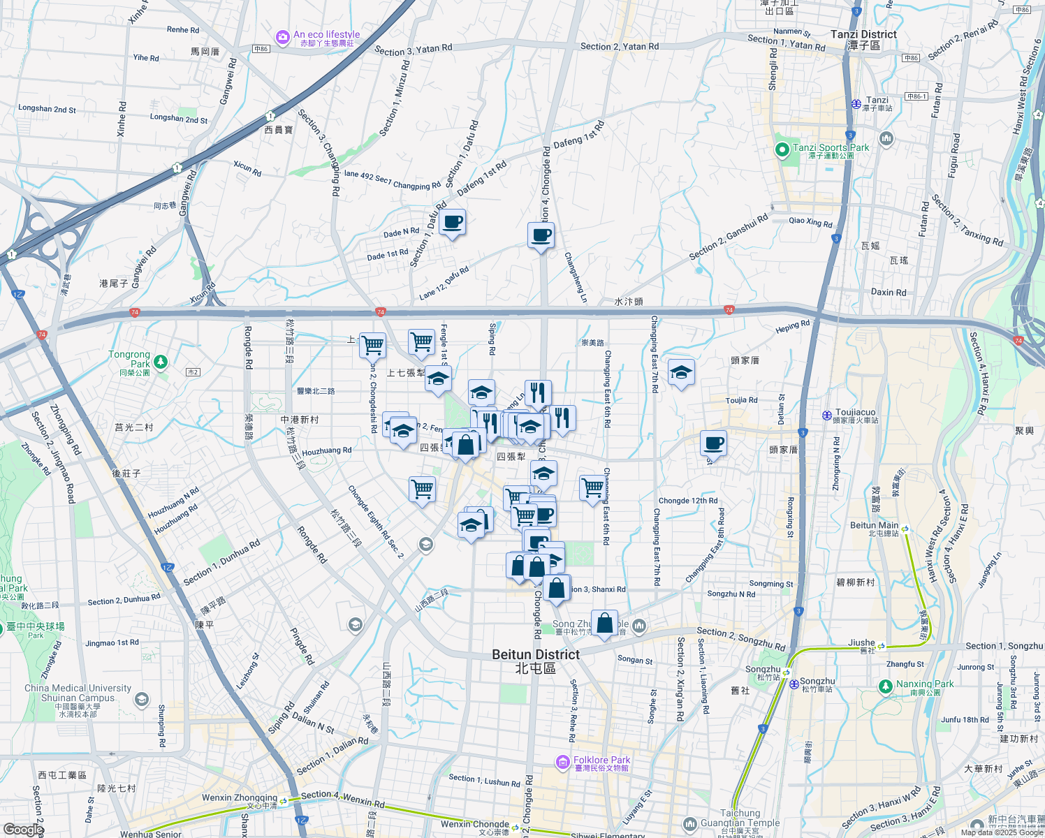map of restaurants, bars, coffee shops, grocery stores, and more near Chongde 16th Road in Beitun District