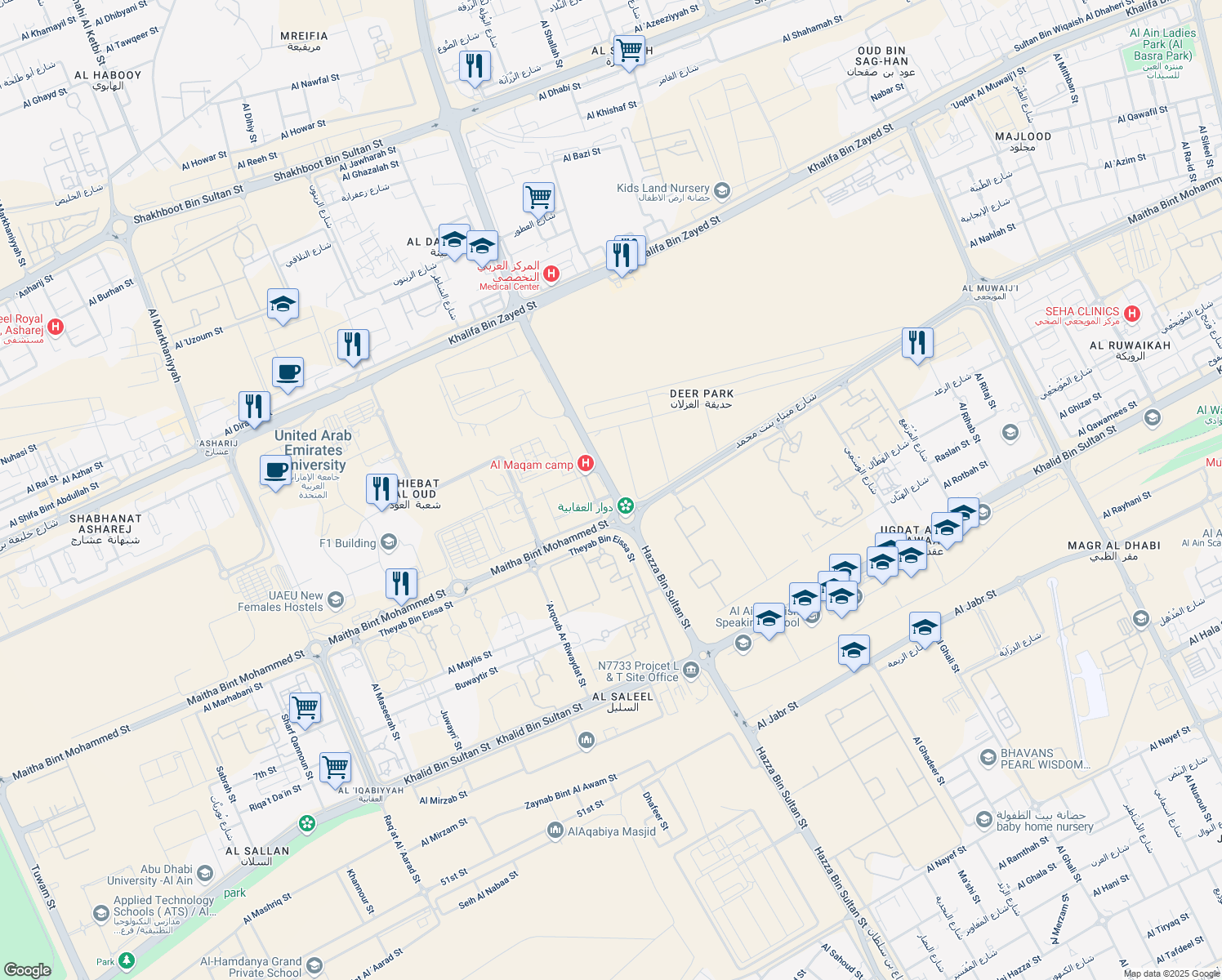 map of restaurants, bars, coffee shops, grocery stores, and more near Hazzaa Bin Sultan Street in Al Ain