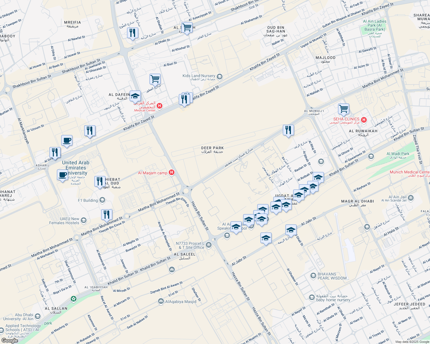 map of restaurants, bars, coffee shops, grocery stores, and more near Al Jamia Street in Al Ain