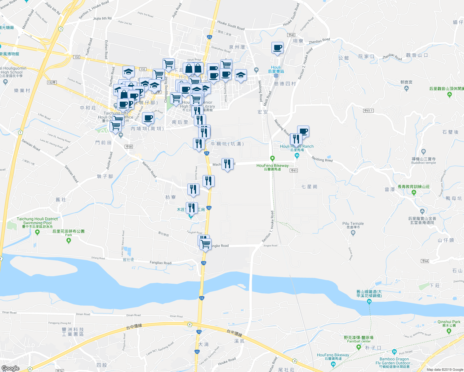 map of restaurants, bars, coffee shops, grocery stores, and more near 1 Machang Road in Houli District