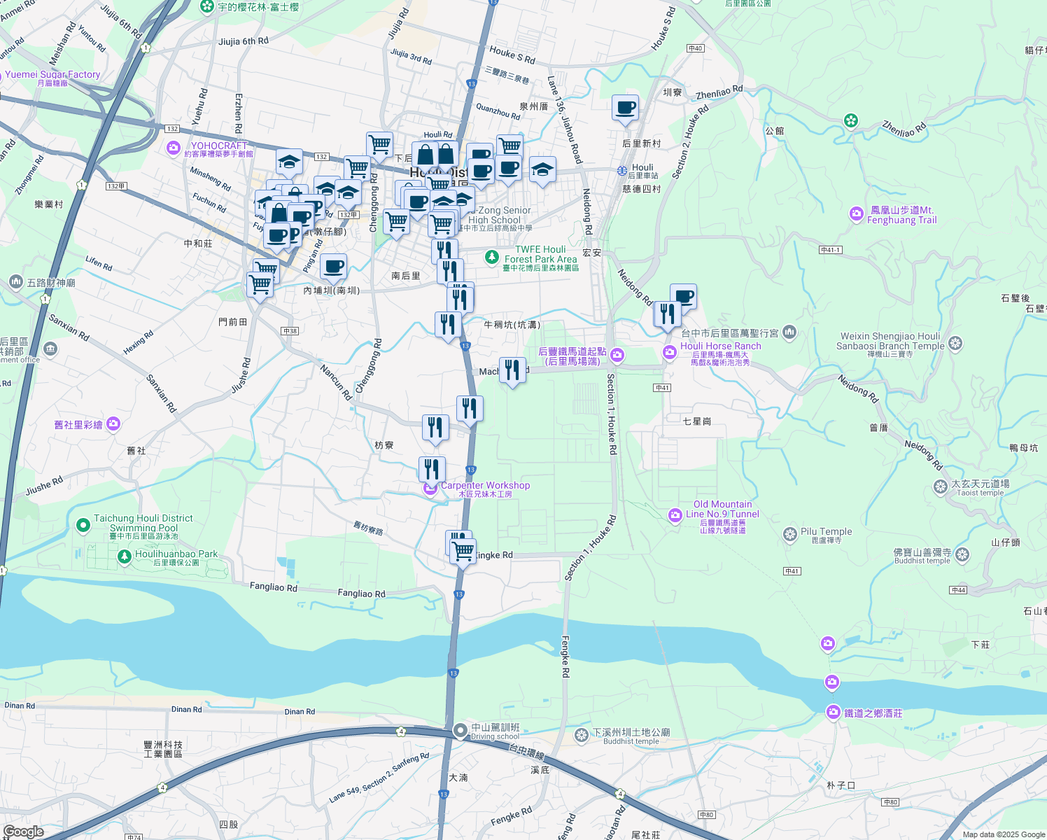 map of restaurants, bars, coffee shops, grocery stores, and more near 1 Machang Road in Houli District
