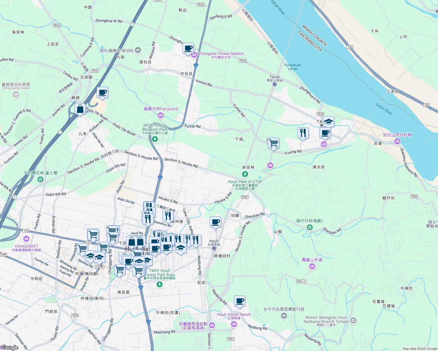 map of restaurants, bars, coffee shops, grocery stores, and more near 2 Houke South Road in Houli District