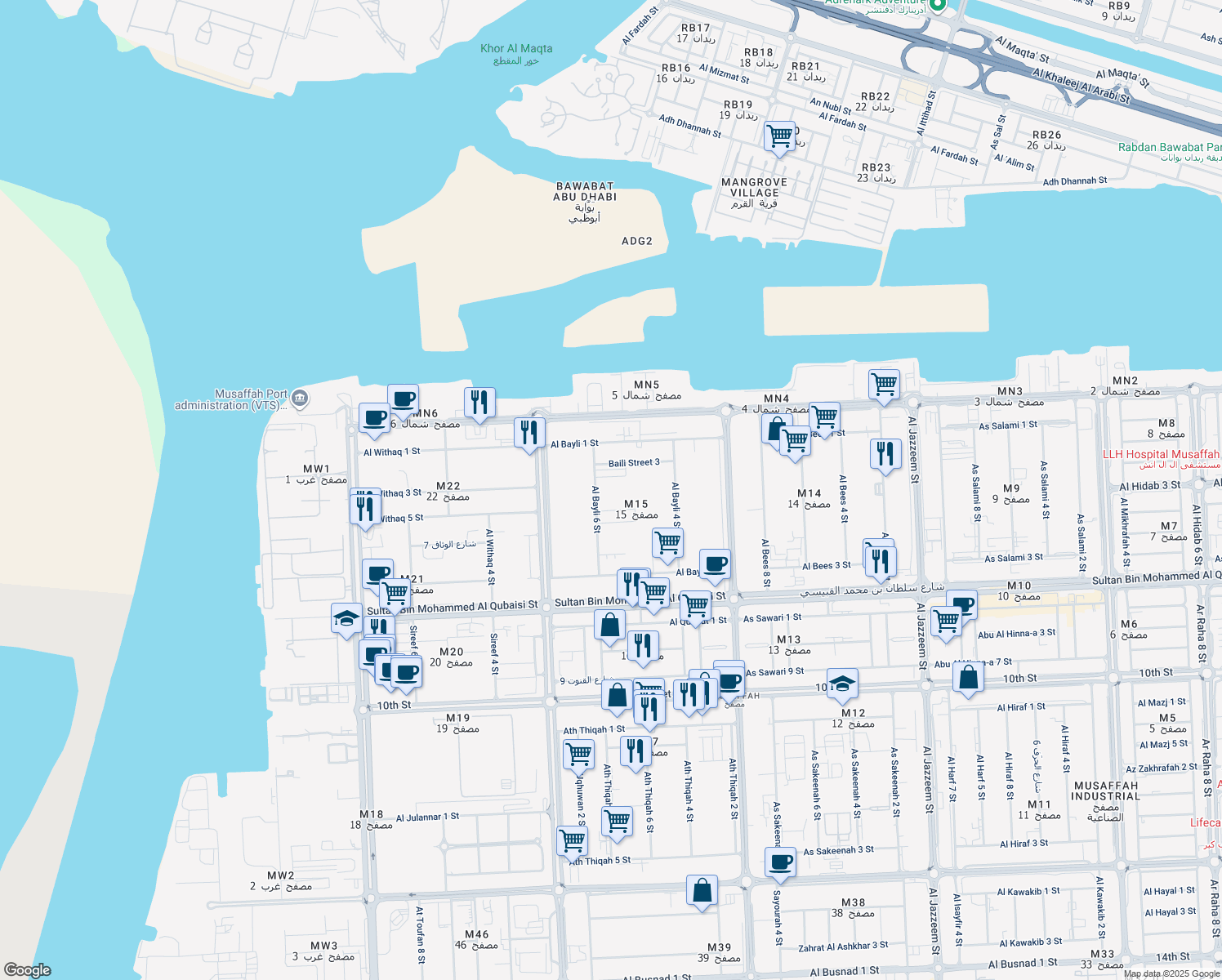 map of restaurants, bars, coffee shops, grocery stores, and more near in Abu Dhabi