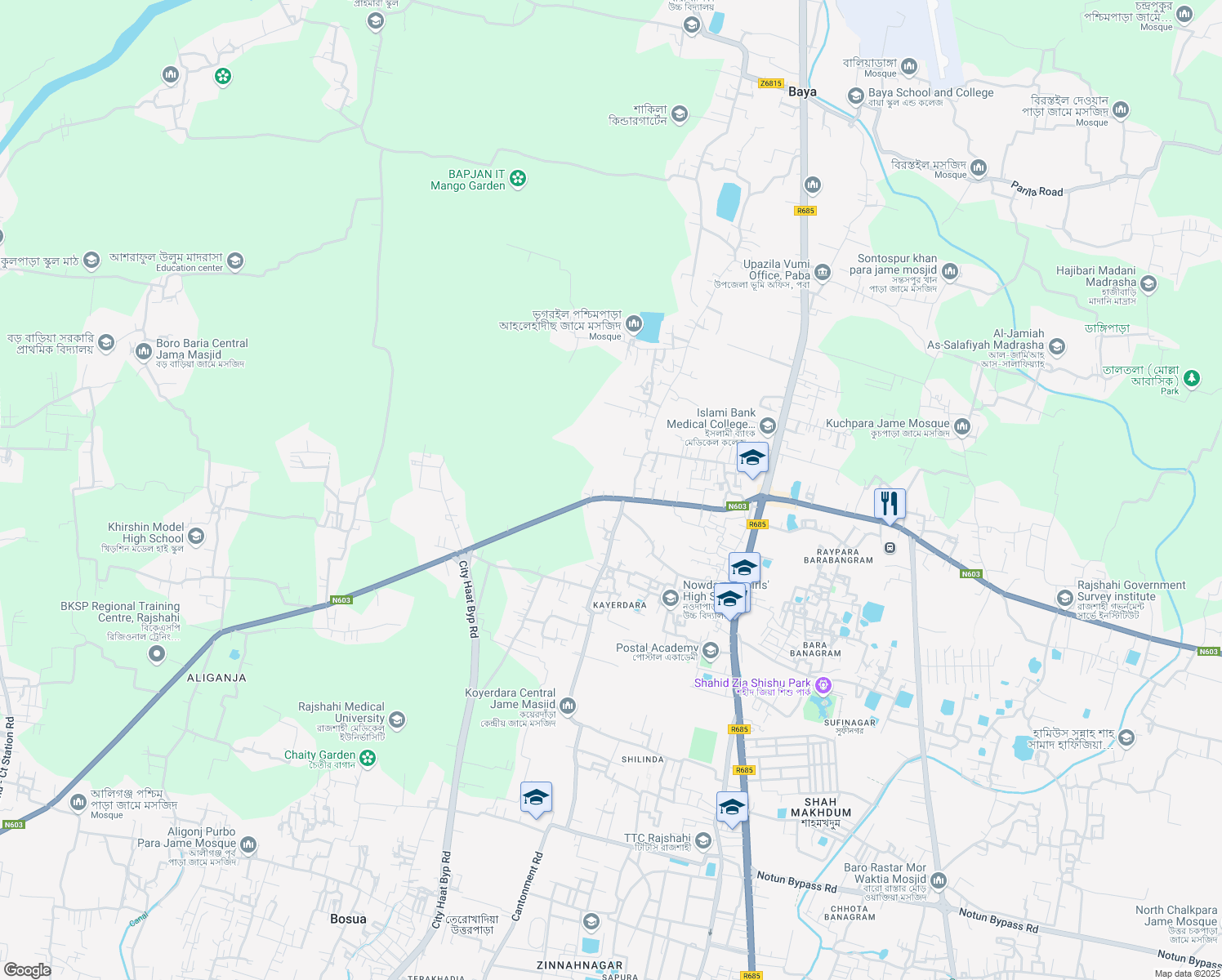 map of restaurants, bars, coffee shops, grocery stores, and more near in Rajshahi District