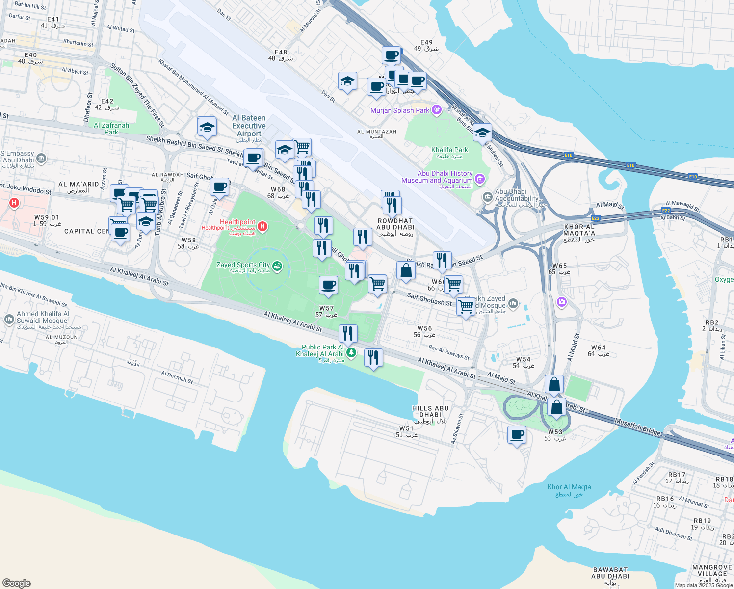 map of restaurants, bars, coffee shops, grocery stores, and more near Rihan Heights Street in Abu Dhabi
