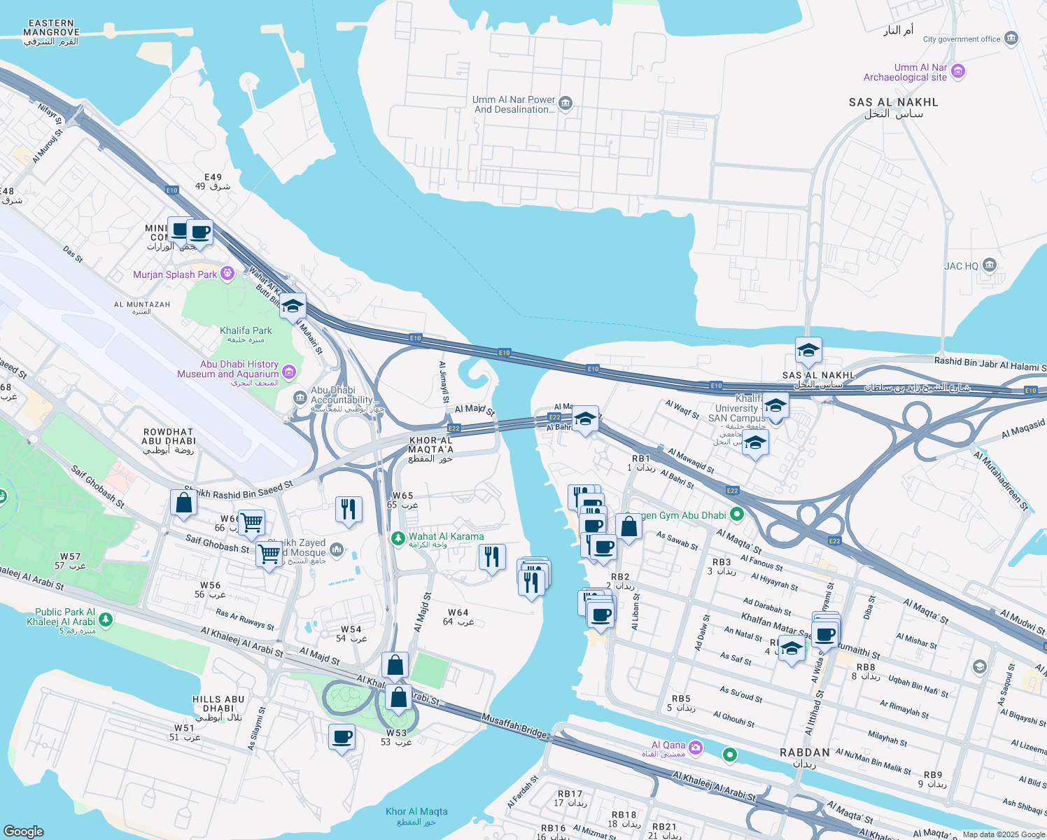 map of restaurants, bars, coffee shops, grocery stores, and more near Al Maqta'a Bridge in Abu Dhabi