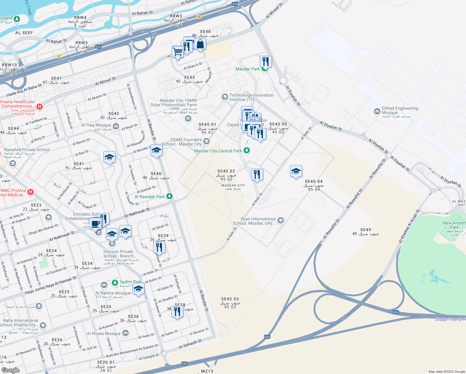 map of restaurants, bars, coffee shops, grocery stores, and more near in Abu Dhabi