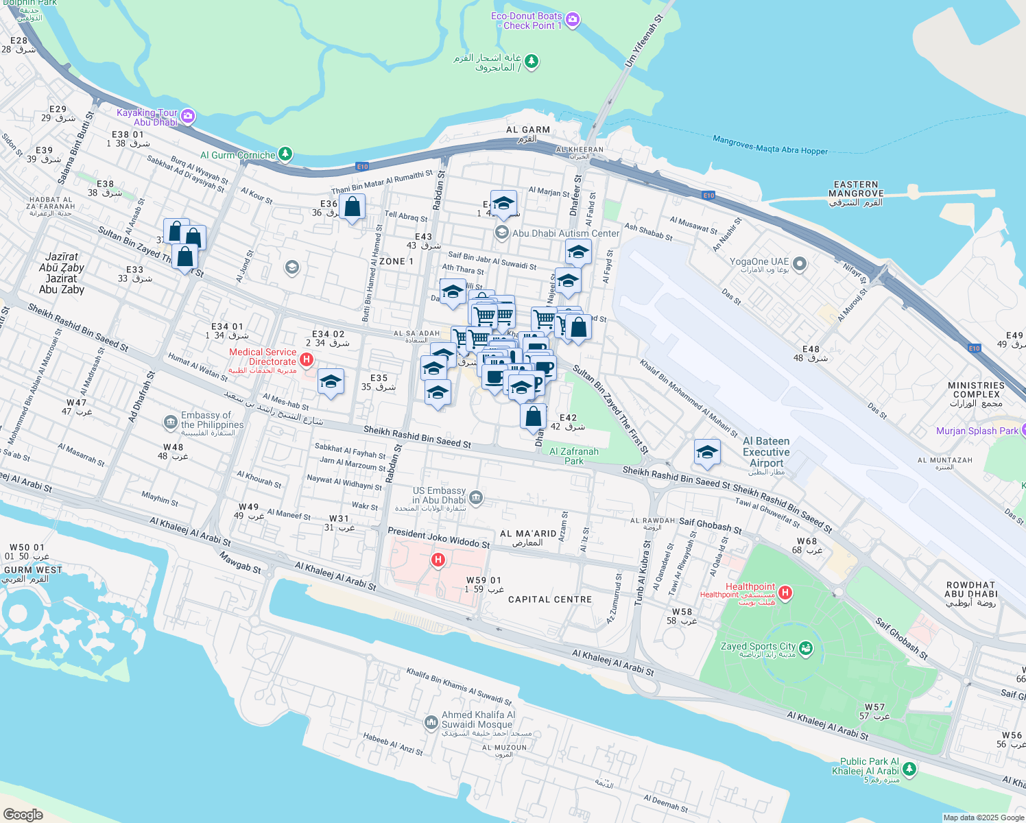 map of restaurants, bars, coffee shops, grocery stores, and more near Dhafeer Street in Abu Dhabi