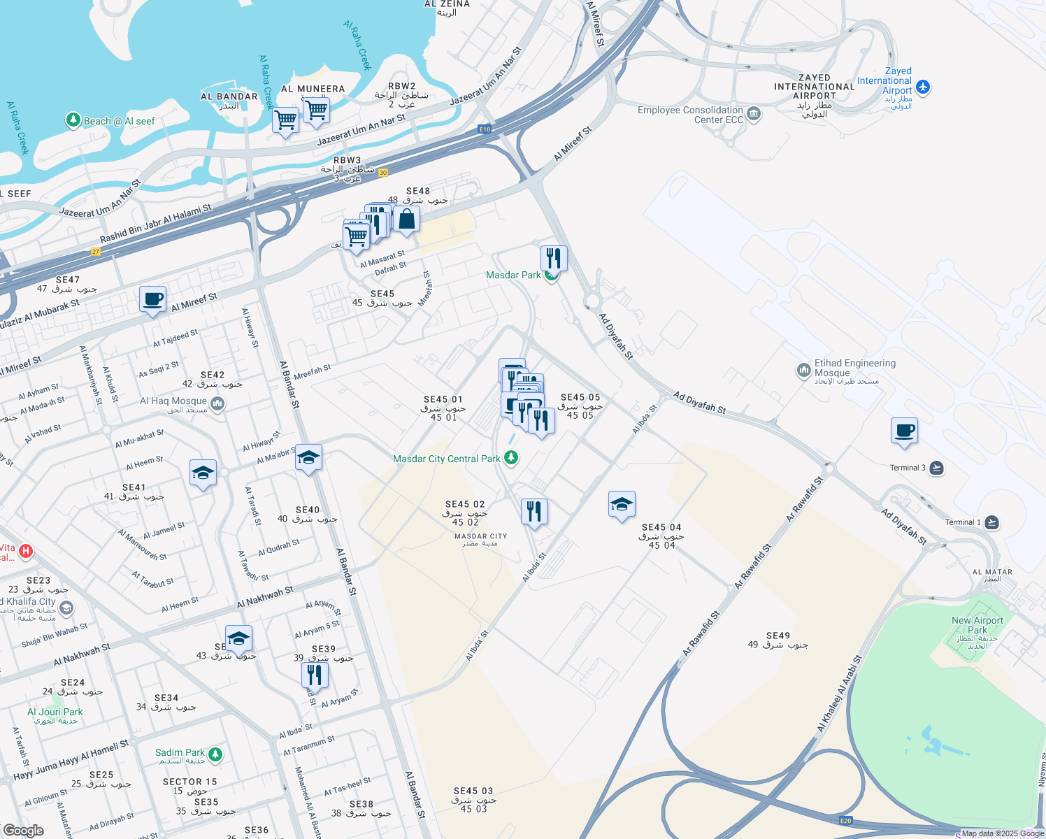 map of restaurants, bars, coffee shops, grocery stores, and more near in Abu Dhabi