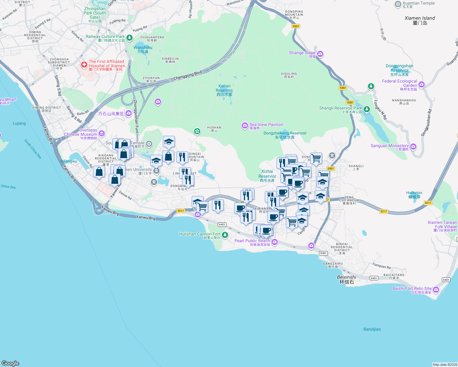 map of restaurants, bars, coffee shops, grocery stores, and more near Furong Tunnel in Xia Men Shi