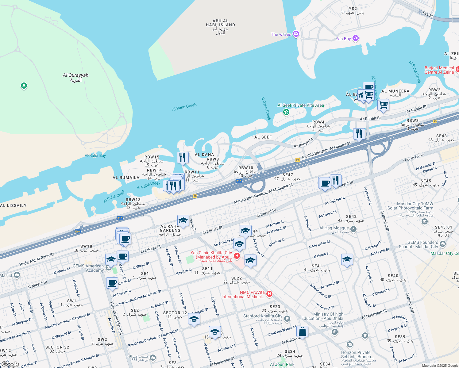 map of restaurants, bars, coffee shops, grocery stores, and more near Abu Dhabi - Dubai Motorway in Abu Dhabi