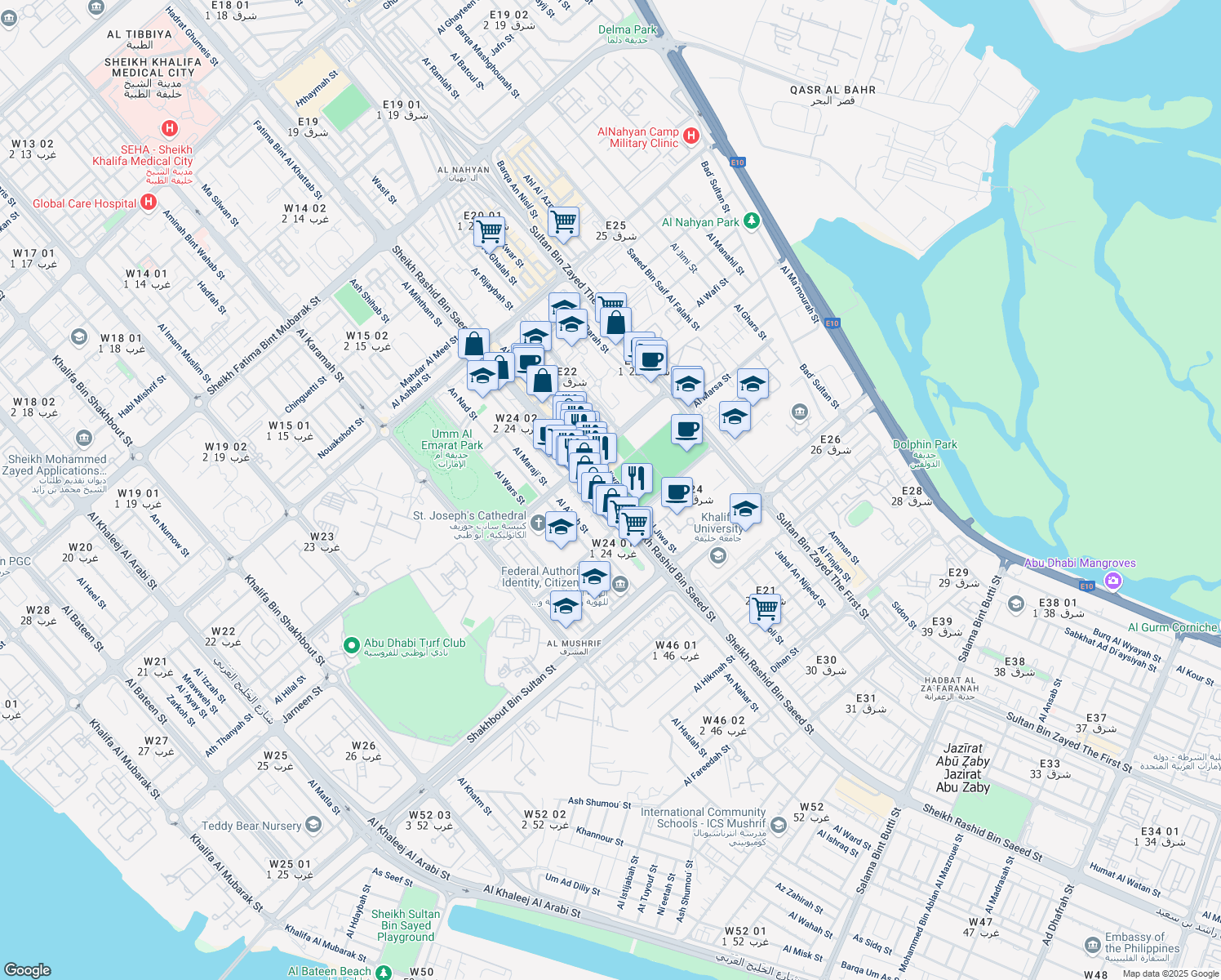 map of restaurants, bars, coffee shops, grocery stores, and more near 2nd Street in Abu Dhabi