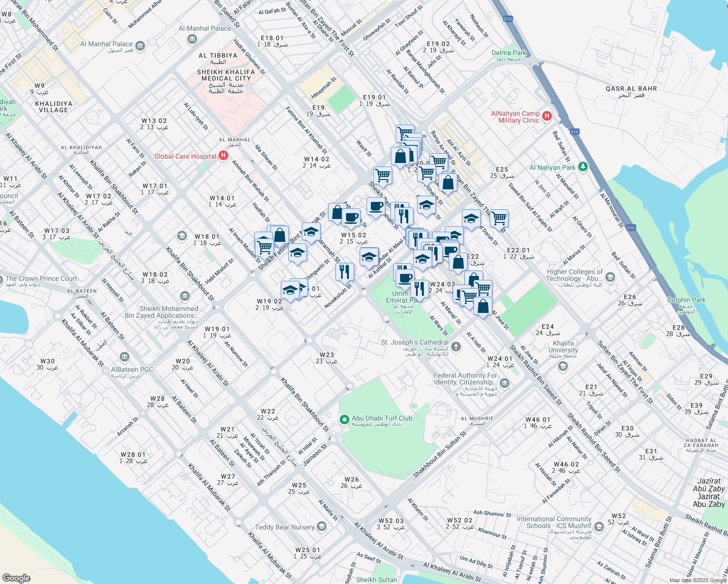 map of restaurants, bars, coffee shops, grocery stores, and more near in Abu Dhabi