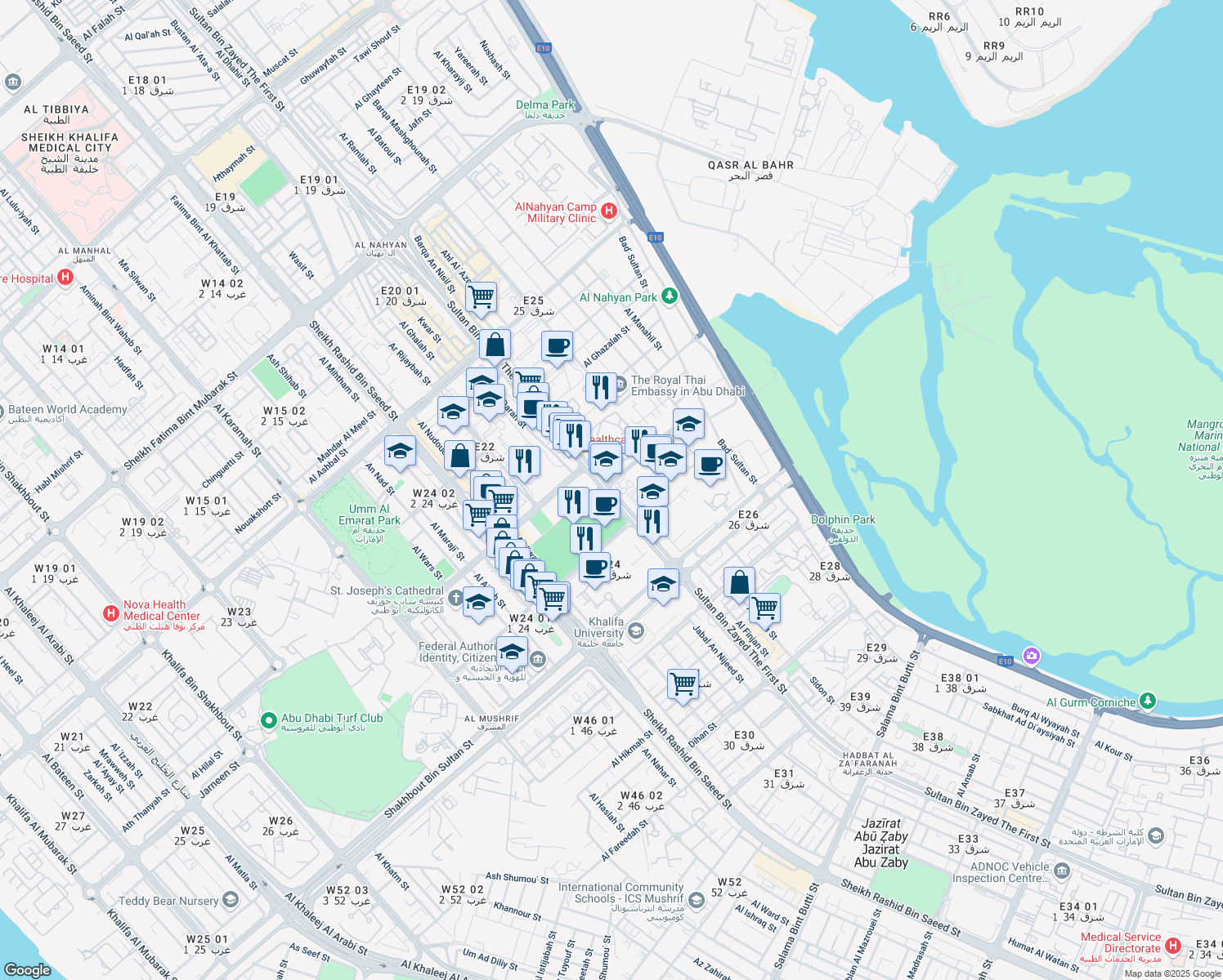 map of restaurants, bars, coffee shops, grocery stores, and more near Muroor Road in Abu Dhabi