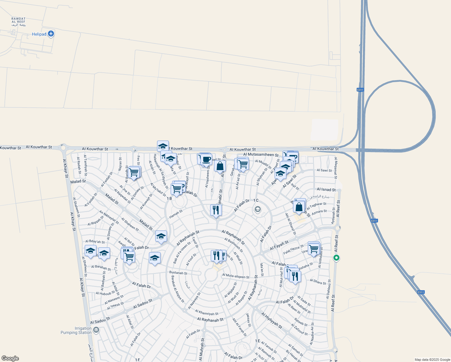 map of restaurants, bars, coffee shops, grocery stores, and more near 35 Al Najah Street in Abu Dhabi