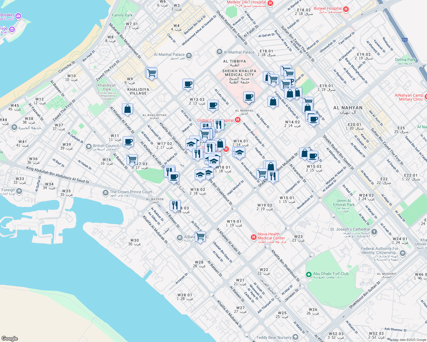 map of restaurants, bars, coffee shops, grocery stores, and more near 35 Al Najah Street in Abu Dhabi