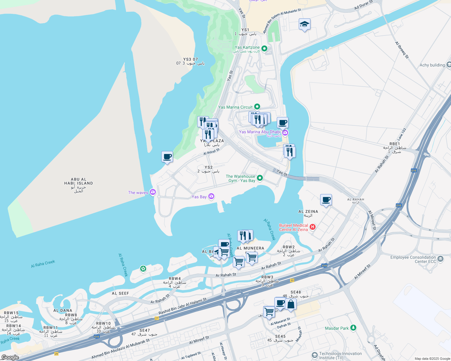 map of restaurants, bars, coffee shops, grocery stores, and more near Yas Street in Abu Dhabi