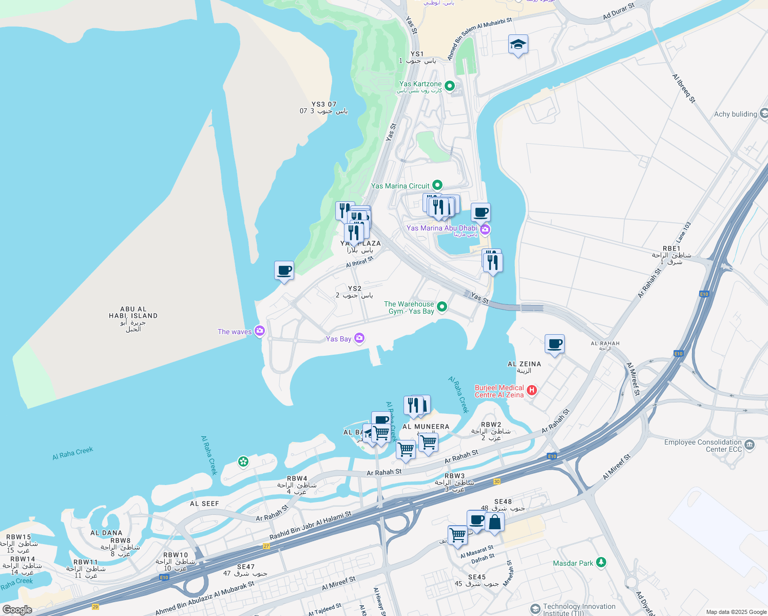 map of restaurants, bars, coffee shops, grocery stores, and more near in Abu Dhabi