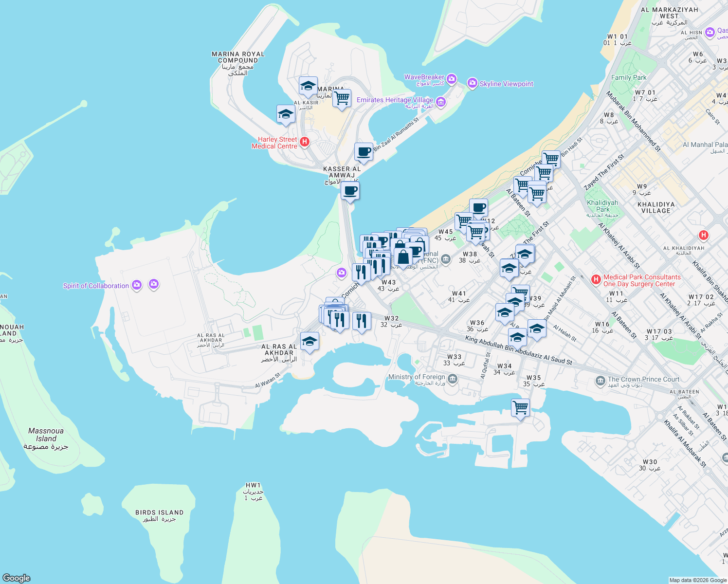 map of restaurants, bars, coffee shops, grocery stores, and more near Corniche Road in Abu Dhabi