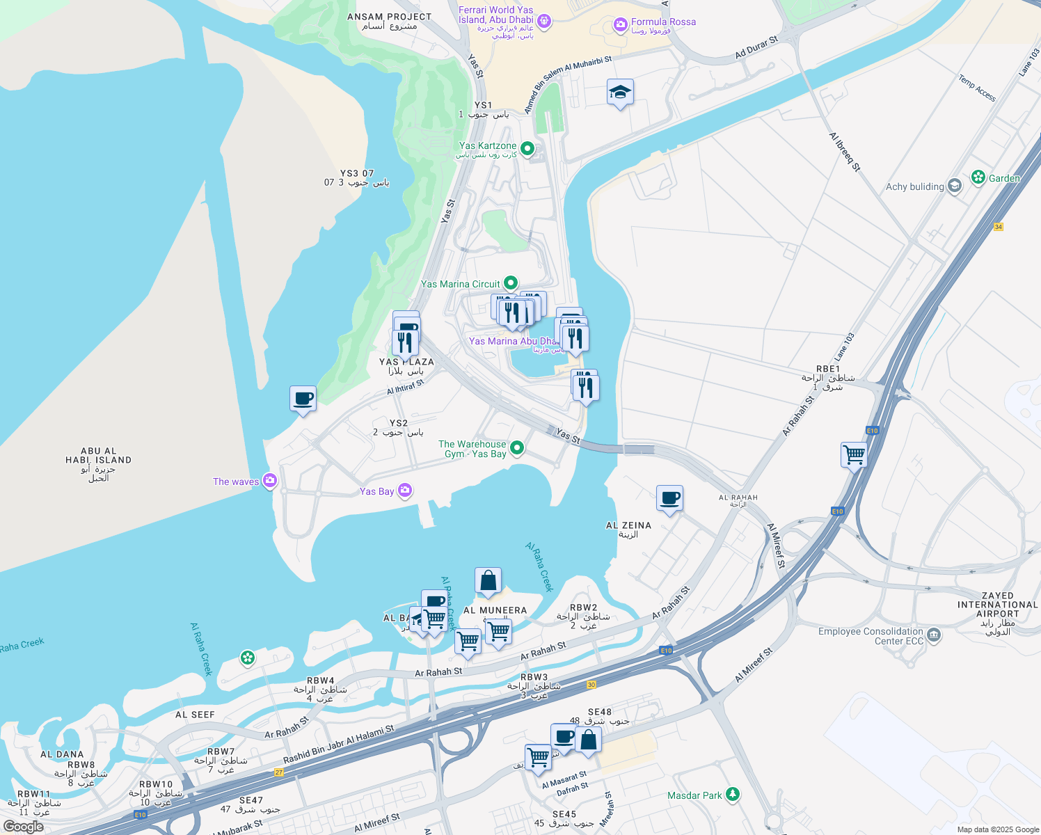 map of restaurants, bars, coffee shops, grocery stores, and more near Yas Street in Abu Dhabi