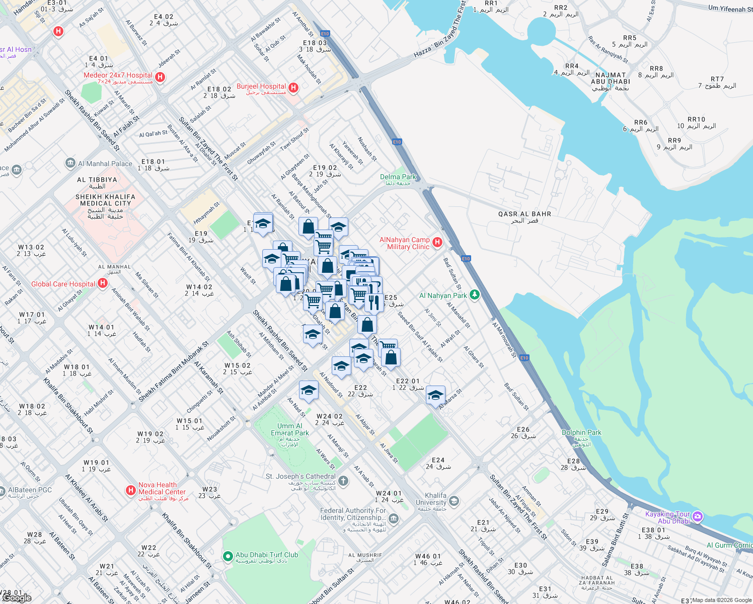 map of restaurants, bars, coffee shops, grocery stores, and more near in Abu Dhabi