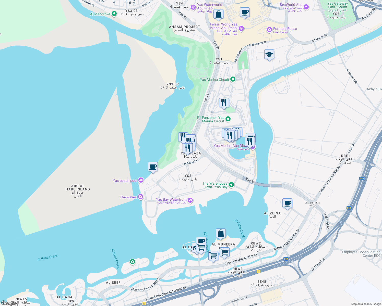 map of restaurants, bars, coffee shops, grocery stores, and more near in Abu Dhabi