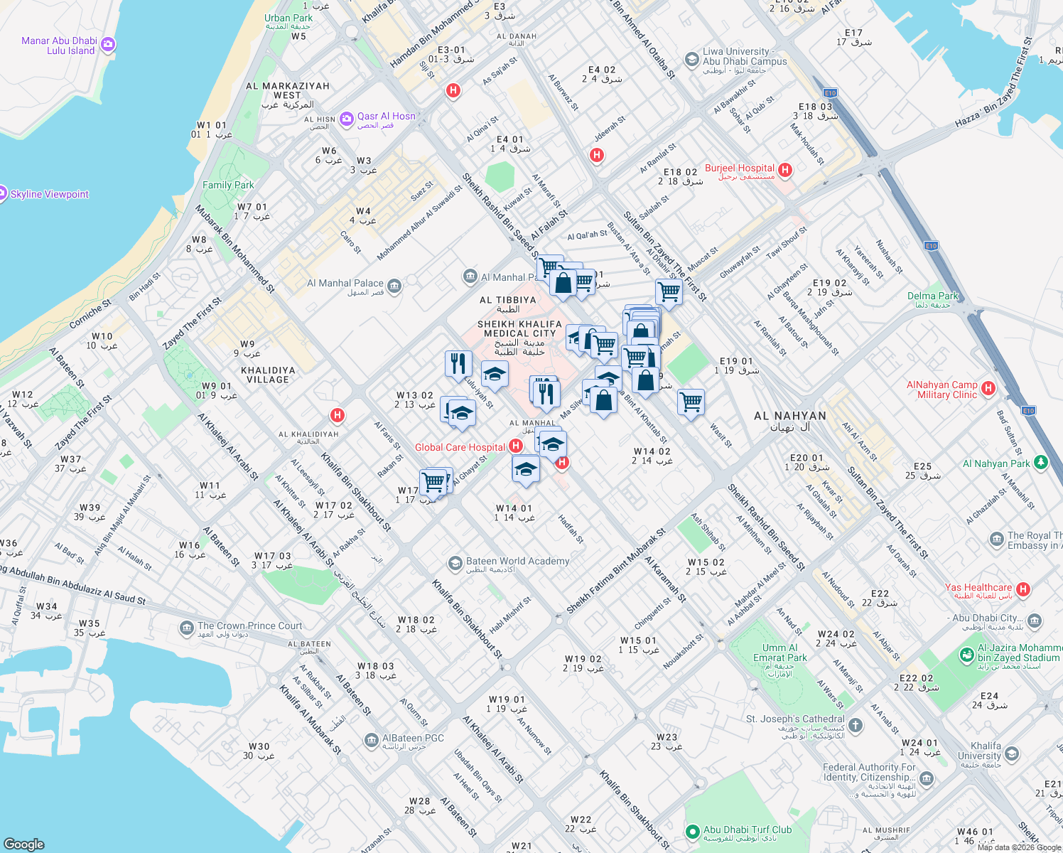 map of restaurants, bars, coffee shops, grocery stores, and more near in Abu Dhabi