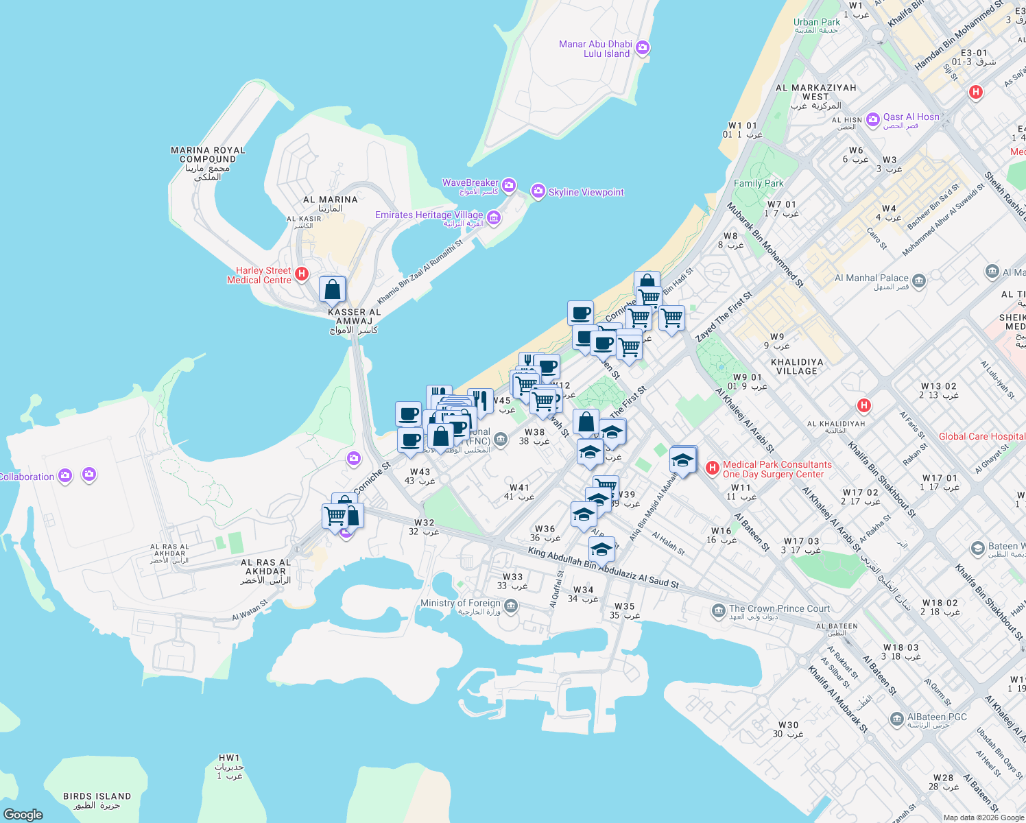 map of restaurants, bars, coffee shops, grocery stores, and more near in Abu Dhabi