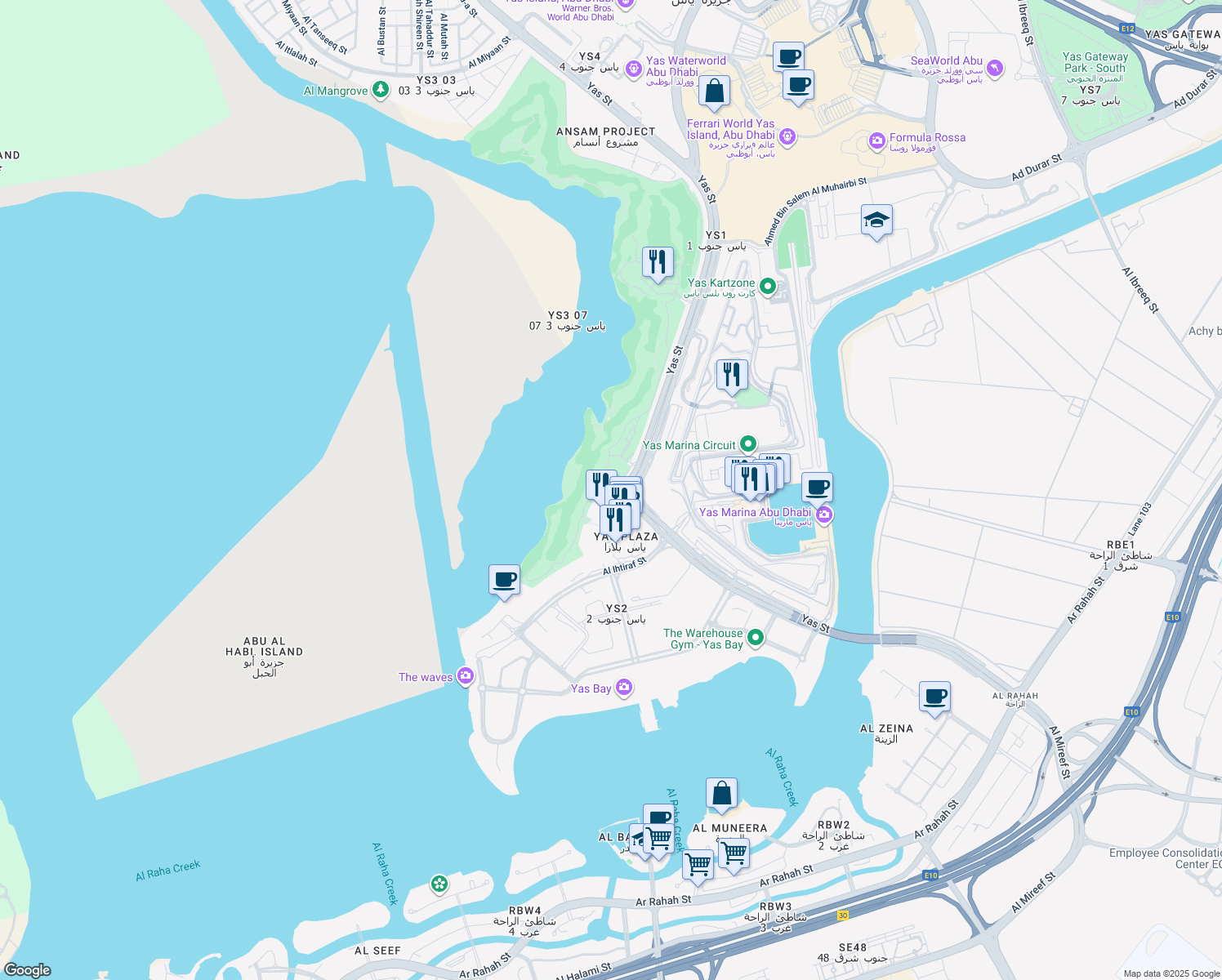 map of restaurants, bars, coffee shops, grocery stores, and more near in Abu Dhabi