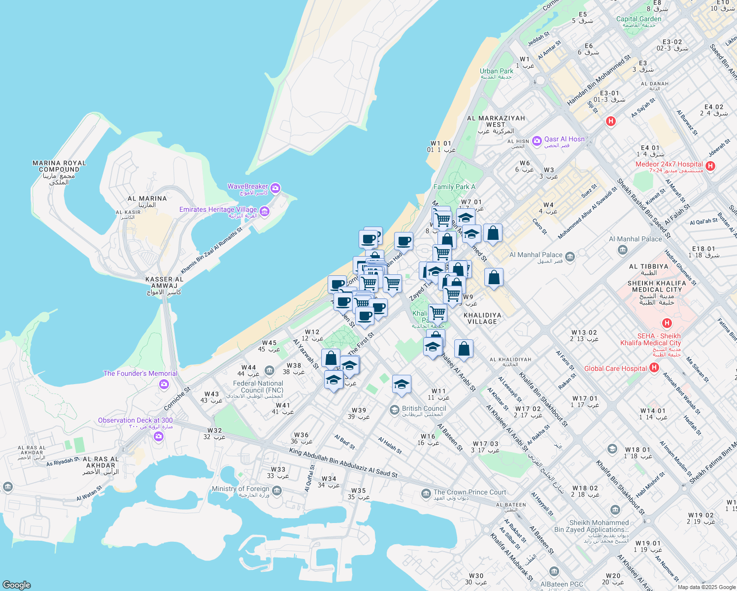 map of restaurants, bars, coffee shops, grocery stores, and more near Corniche Rd in Abu Dhabi