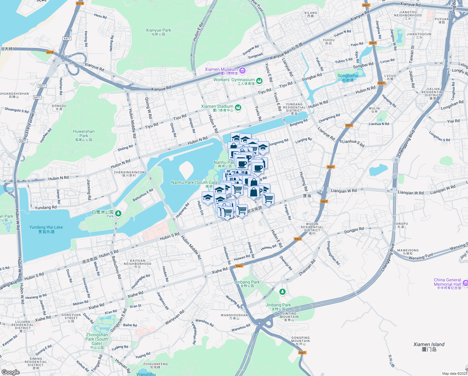map of restaurants, bars, coffee shops, grocery stores, and more near in Xiamen