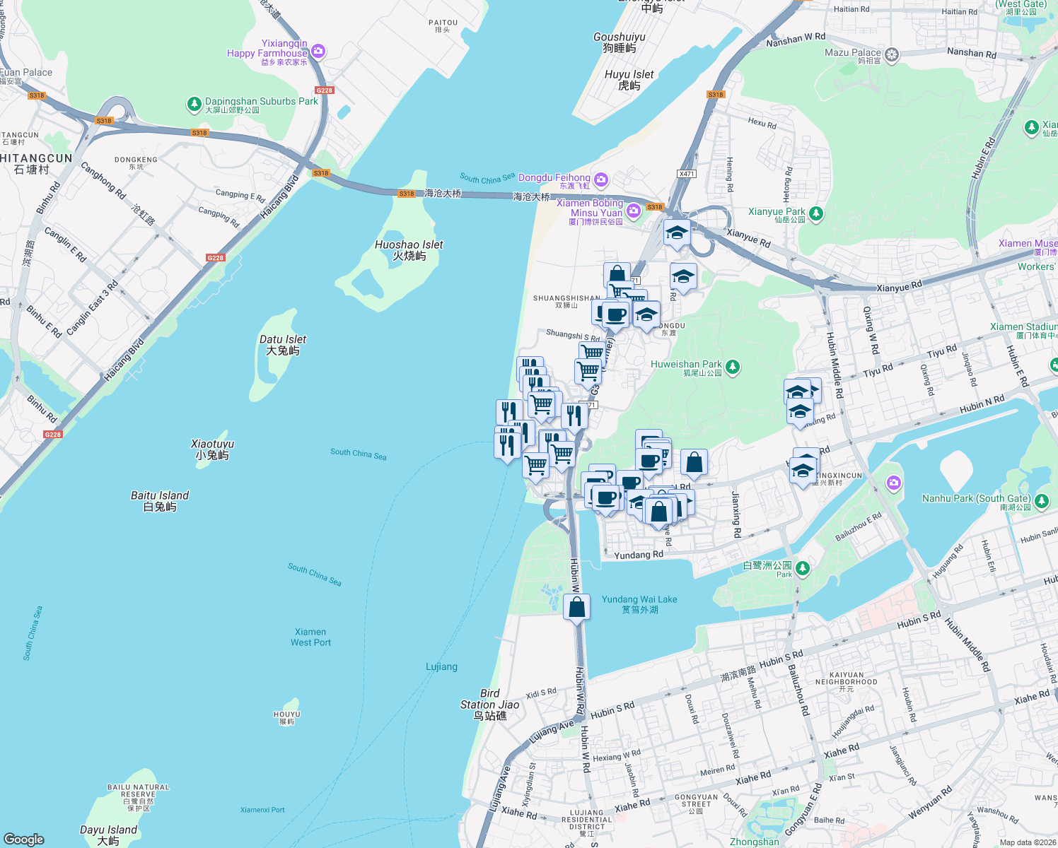 map of restaurants, bars, coffee shops, grocery stores, and more near 2 Dong Gang Lu in Xia Men Shi