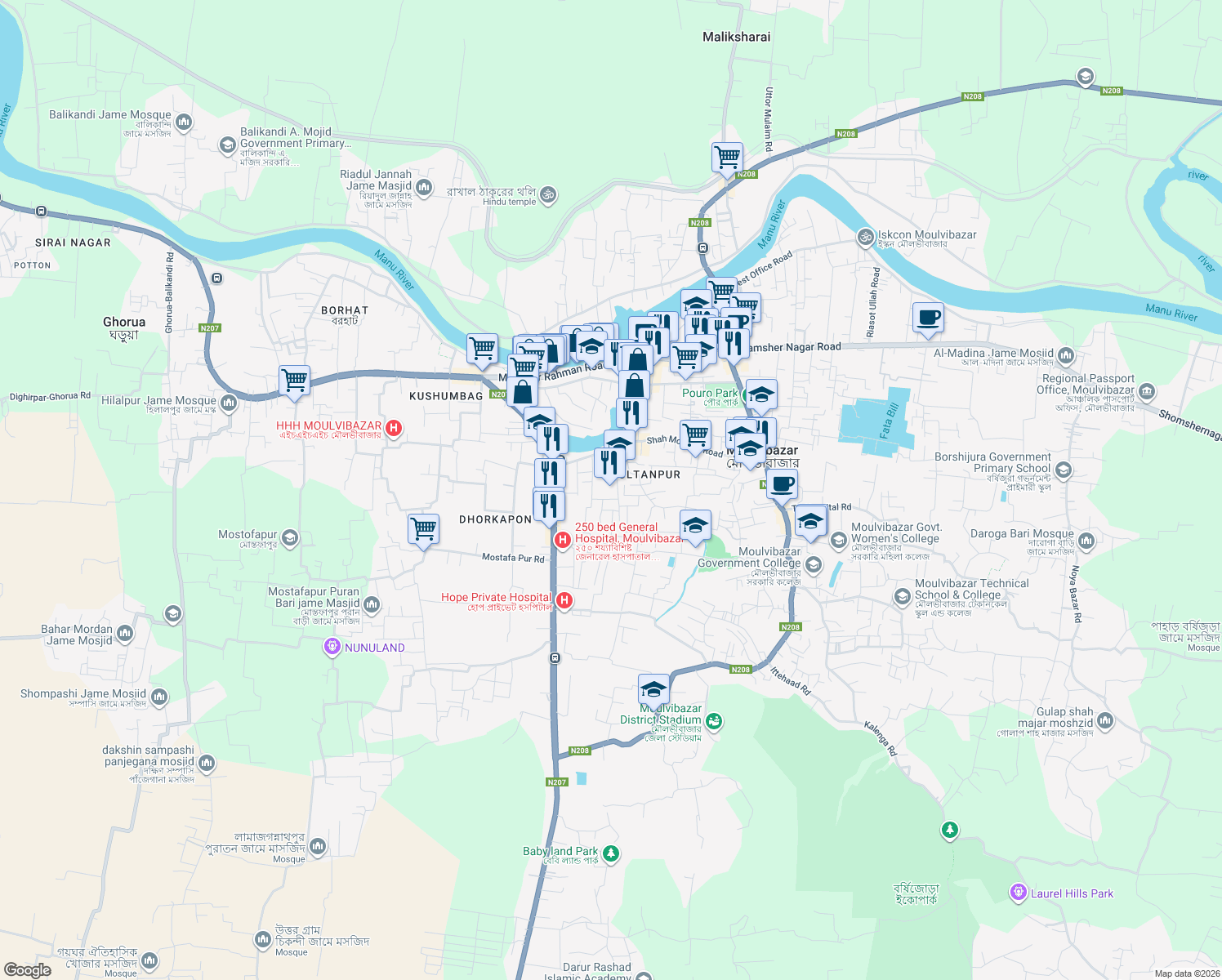 map of restaurants, bars, coffee shops, grocery stores, and more near in Moulvibazar