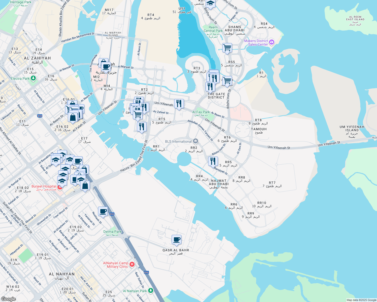 map of restaurants, bars, coffee shops, grocery stores, and more near in Abu Dhabi