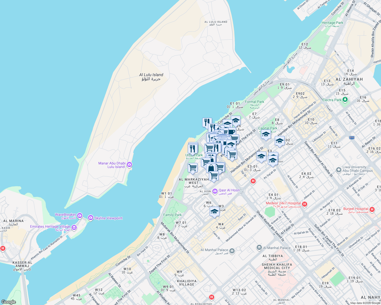 map of restaurants, bars, coffee shops, grocery stores, and more near Corniche Street in Abu Dhabi